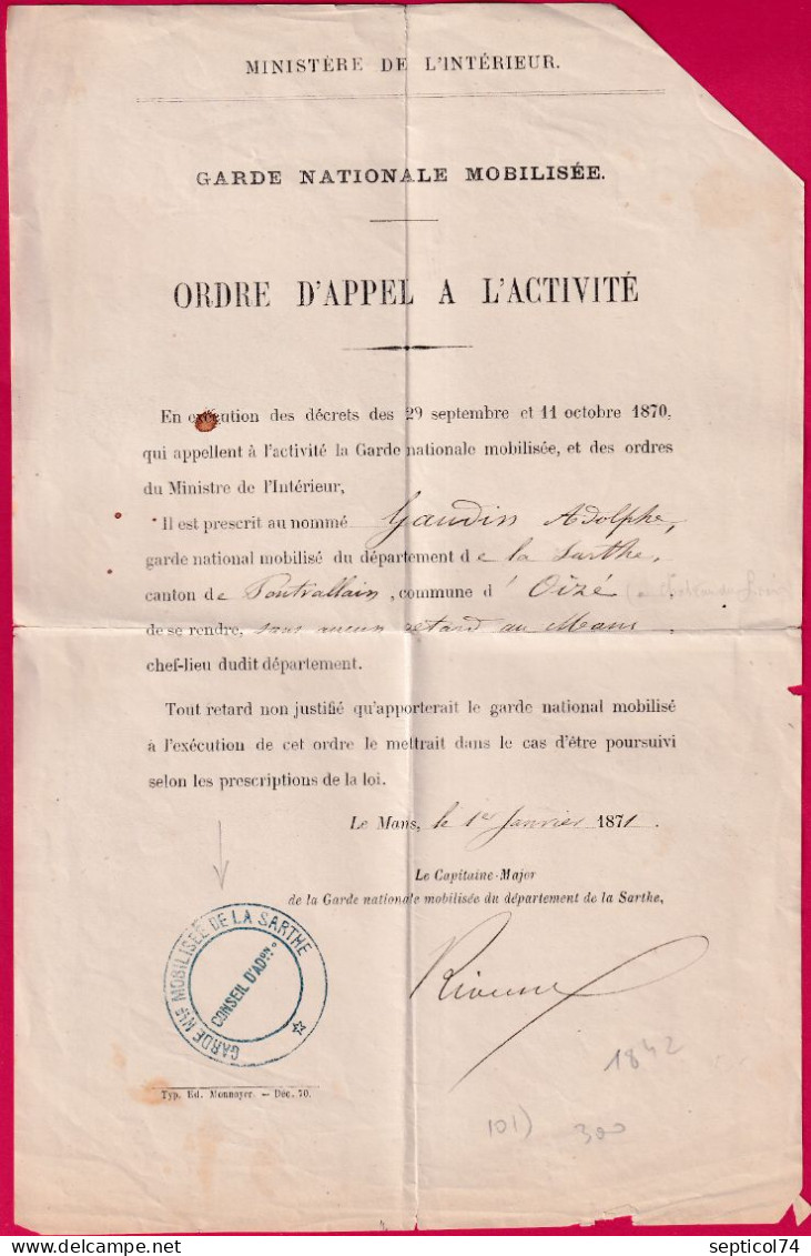 GUERRE 1870 GARDE NATIONALE MOBILISEE DE LA SARTHE ORDRE APPEL LE MANS 1ER JANVIER 1871 LETTRE - War 1870