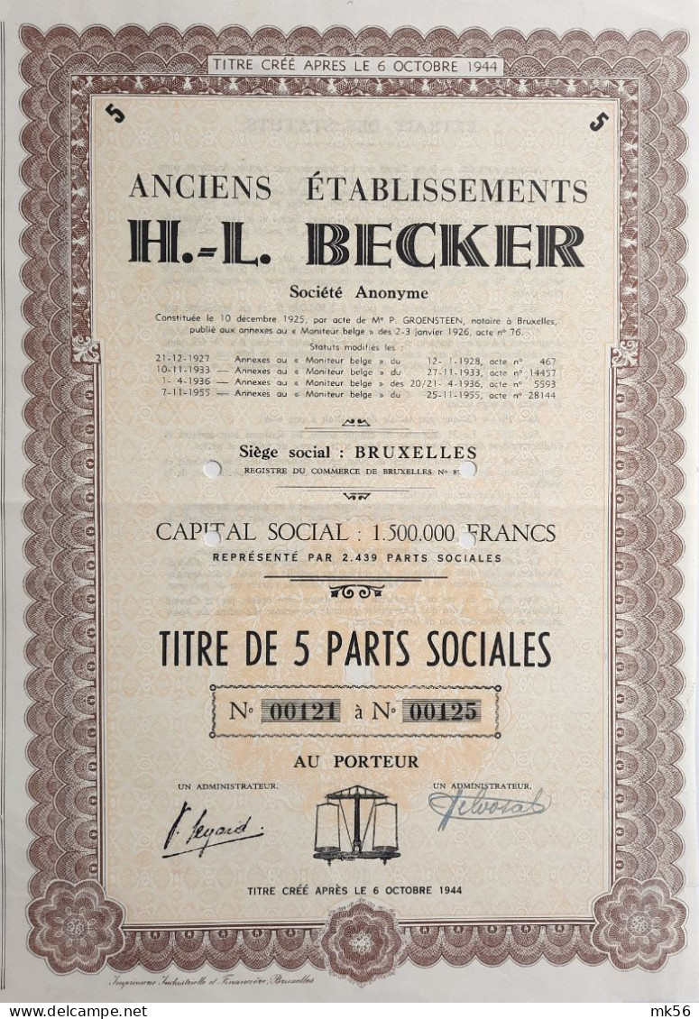 Anciens Etablissements H.L. Becker  - Bruxelles - Titre De 5 Parts Sociales - 1955 - Sonstige & Ohne Zuordnung