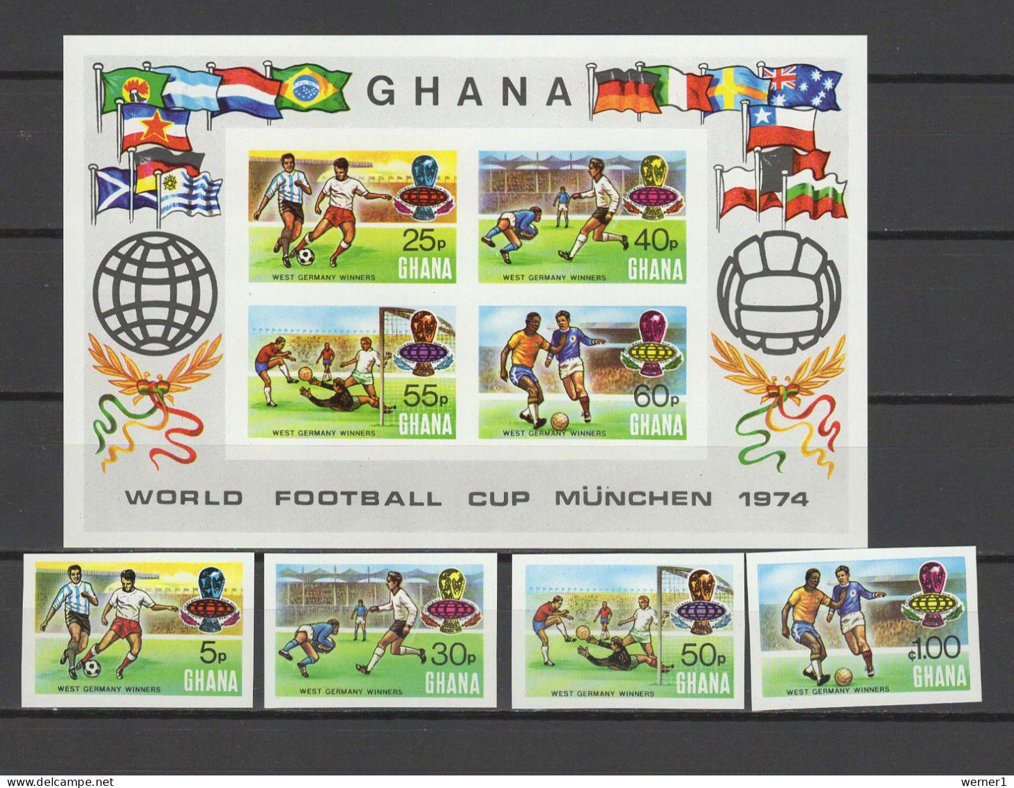 Ghana 1974 Football Soccer World Cup Set Of 4 + S/s With Winners Overprint Imperf. MNH -scarce- - 1974 – West Germany