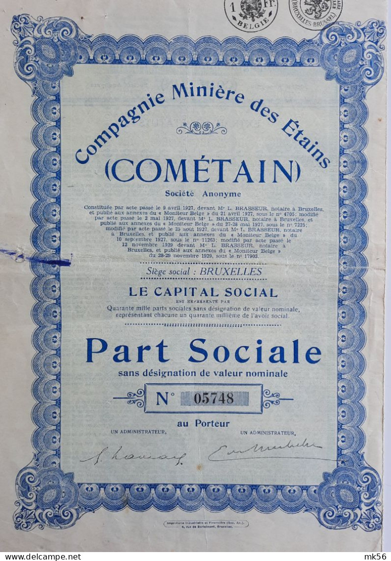 Compagnie Minière Des Etains (Cométain) - Bruxelles - 1929 - Mines