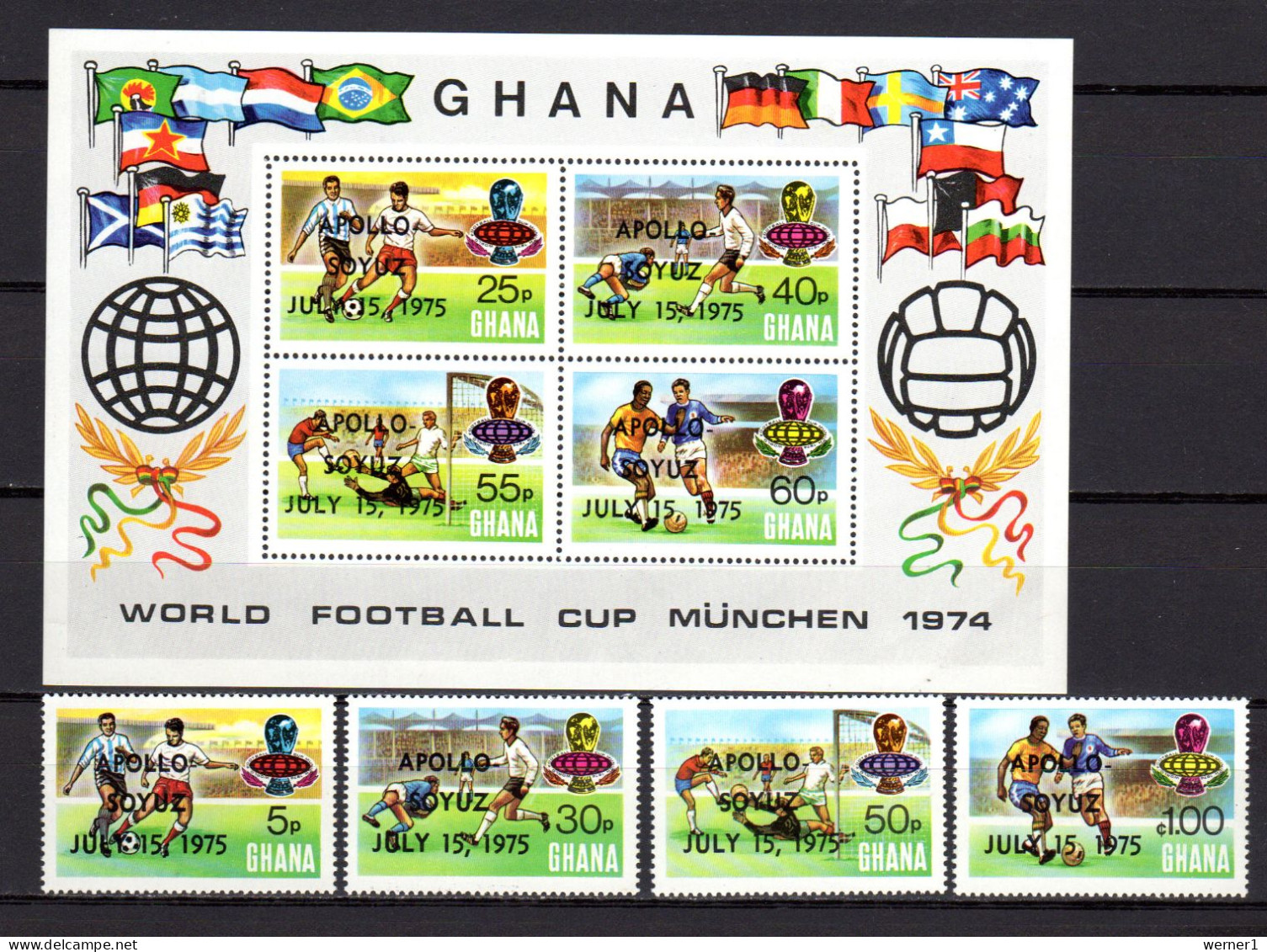 Ghana 1975 Football Soccer World Cup, Space Set Of 4 + S/s With Apollo-Soyuz Overprint MNH - 1974 – Allemagne Fédérale