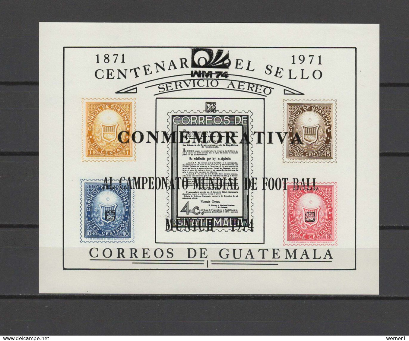 Guatemala 1974 Football Soccer World Cup S/s With Black Overprint MNH - 1974 – West Germany