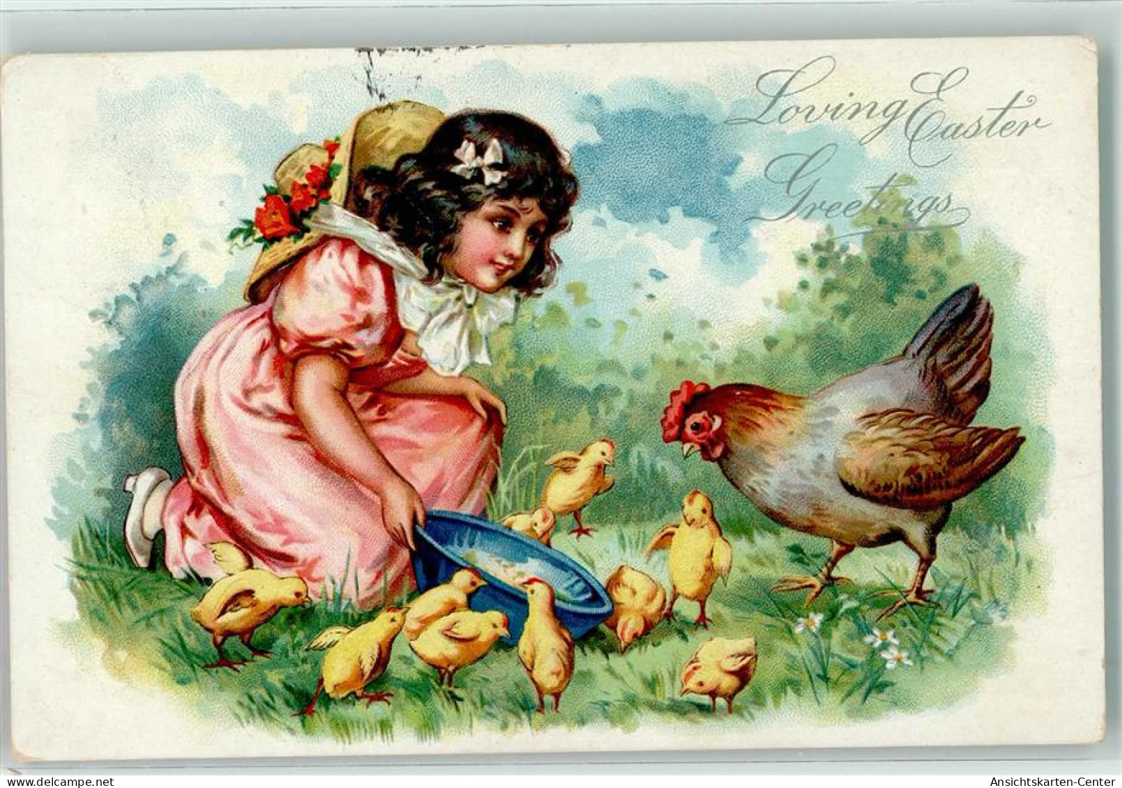 10666808 - Maedchen Fuettert Kueken Und Henne Loving Easter Greetings Lithographie Raphael Tuck & Sons Easter Postcards - Pâques