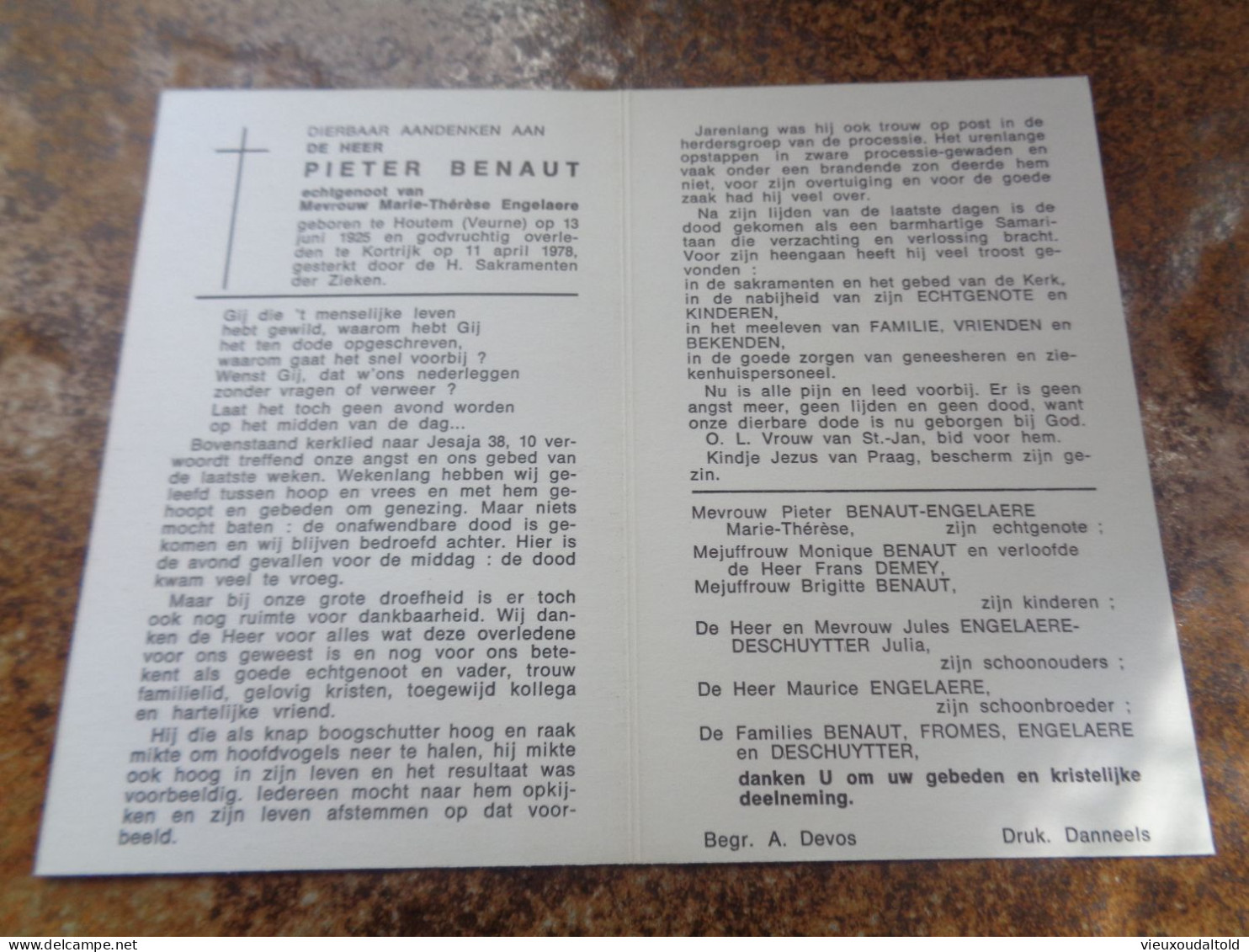 Doodsprentje/Bidprentje  PIETER BENAUT   Houtem(Veurne) 1925-1978 Kortrijk  (Echtg Marie-Thérèse Engelaere) - Godsdienst & Esoterisme