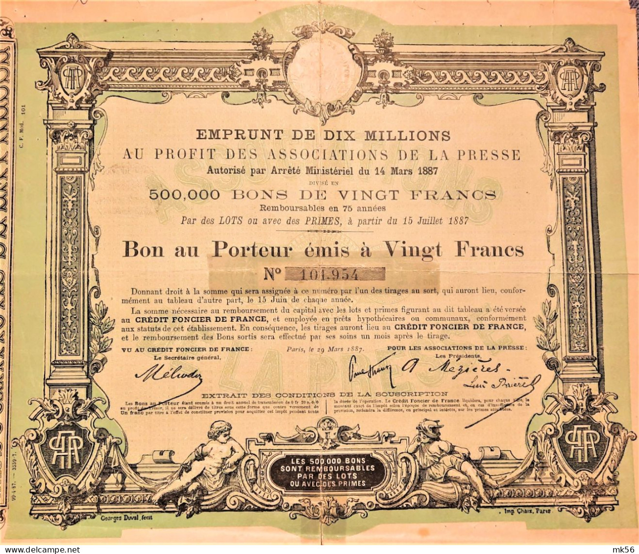 Emprunt De 10 Millions Au Profit Des Associations De La Presse - Bon De 20 Francs (1887) - Paris - Bank & Insurance