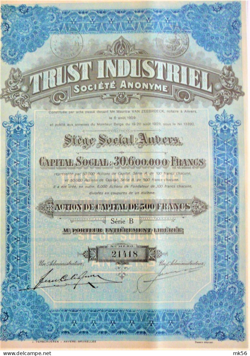 S.A. Trust Industriel - Act.de Capital De 500 Fr.  (1829) - Anvers - Otros & Sin Clasificación