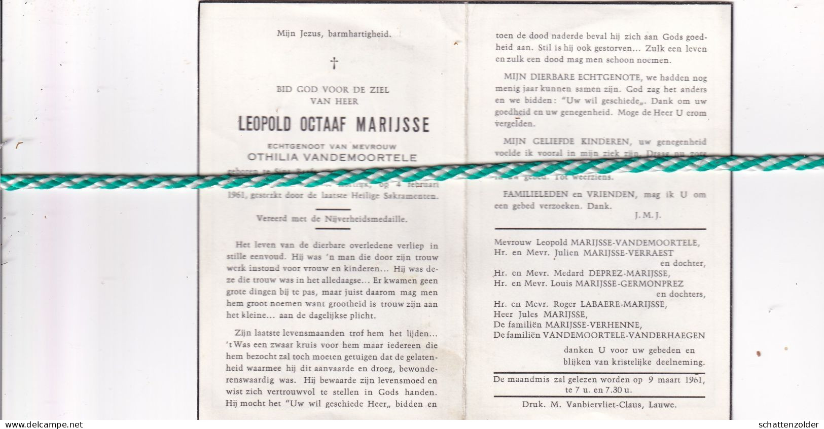 Leopold Octaaf Marijsse-Vandemoortele, Sint-Baafs-Vijve 1896, Kortrijk 1961 - Obituary Notices