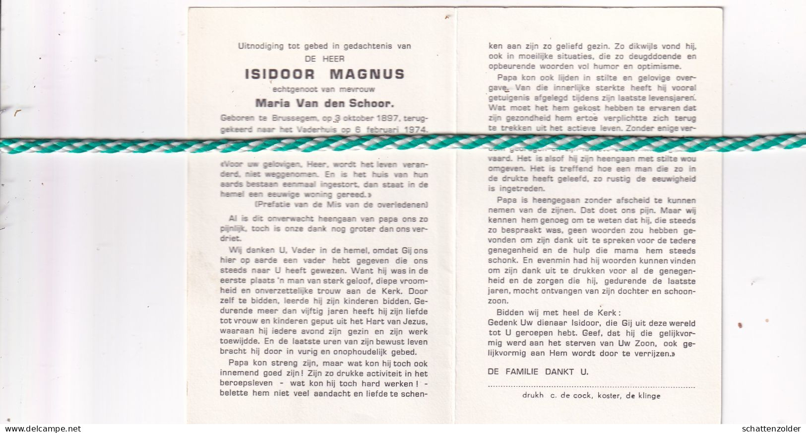 Isidoor Magnus-Van Den Schoor, Brussegem 1897, 1974 - Obituary Notices