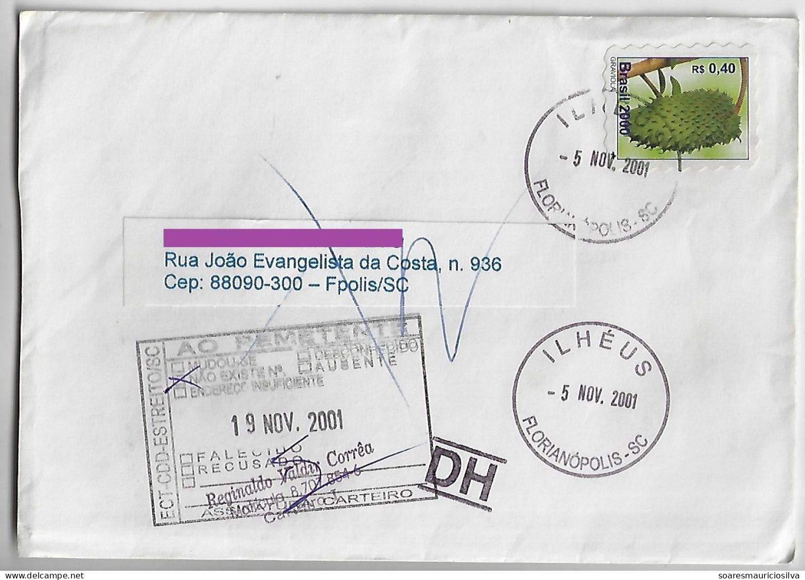 Brazil 2001 Returned To Sender Cover Florianópolis Ilhéus Agency Stamp Soursop Fruit Cancel DH = After The Hour - Lettres & Documents