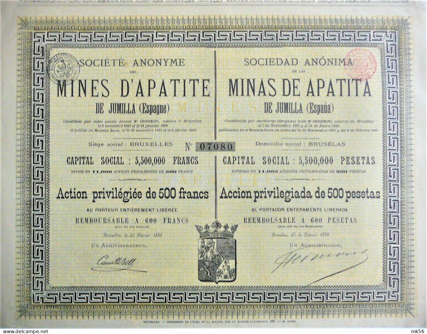 S.A. Minas De APATITA De Jumilla (Espana) - Act.priviligiée De 500pts (1888) - Mijnen