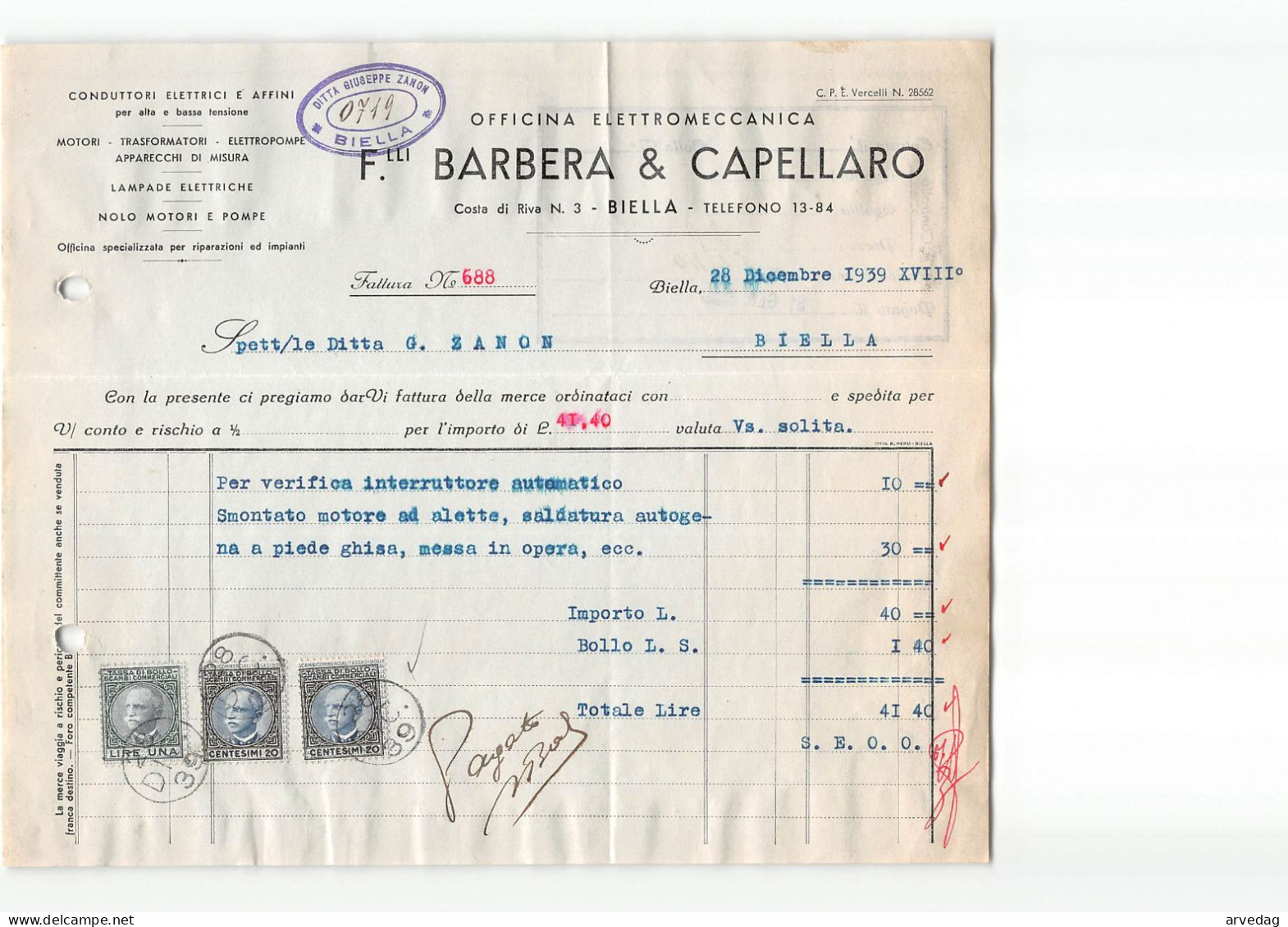 AG2607 BARBERA & CAPELLARO OFFICINA ELETTROMECCANICA - FATTURA - Italië