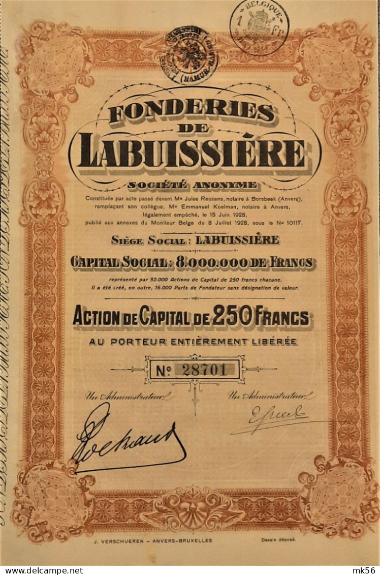 S.A. Fonderies De Labuissière - Action De Capital De 250 Francs - Industrial