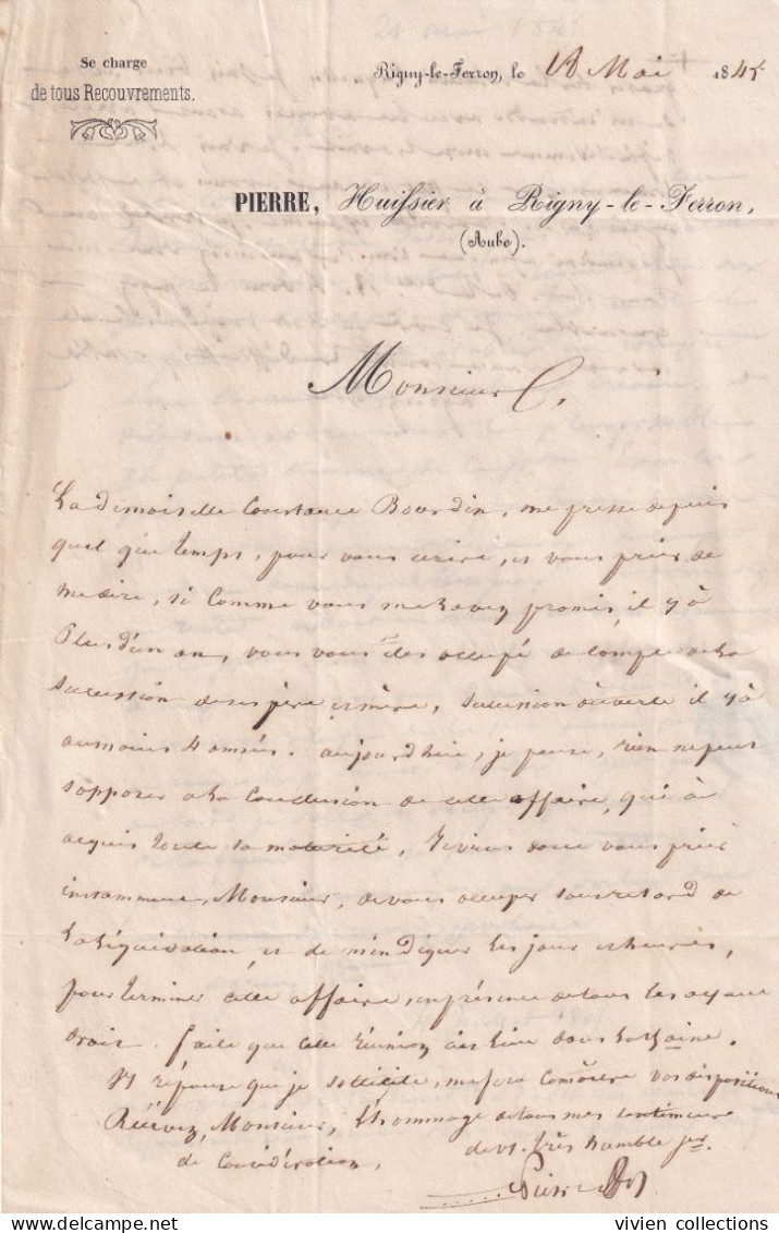 Gigny Le Ferron (10 Aube) Lettre Cursive (ind. 13) Taxe 2 Et 1 Décime 1845 Courrier Huissier A Notaire Sur Vieux Dossier - 1801-1848: Vorläufer XIX