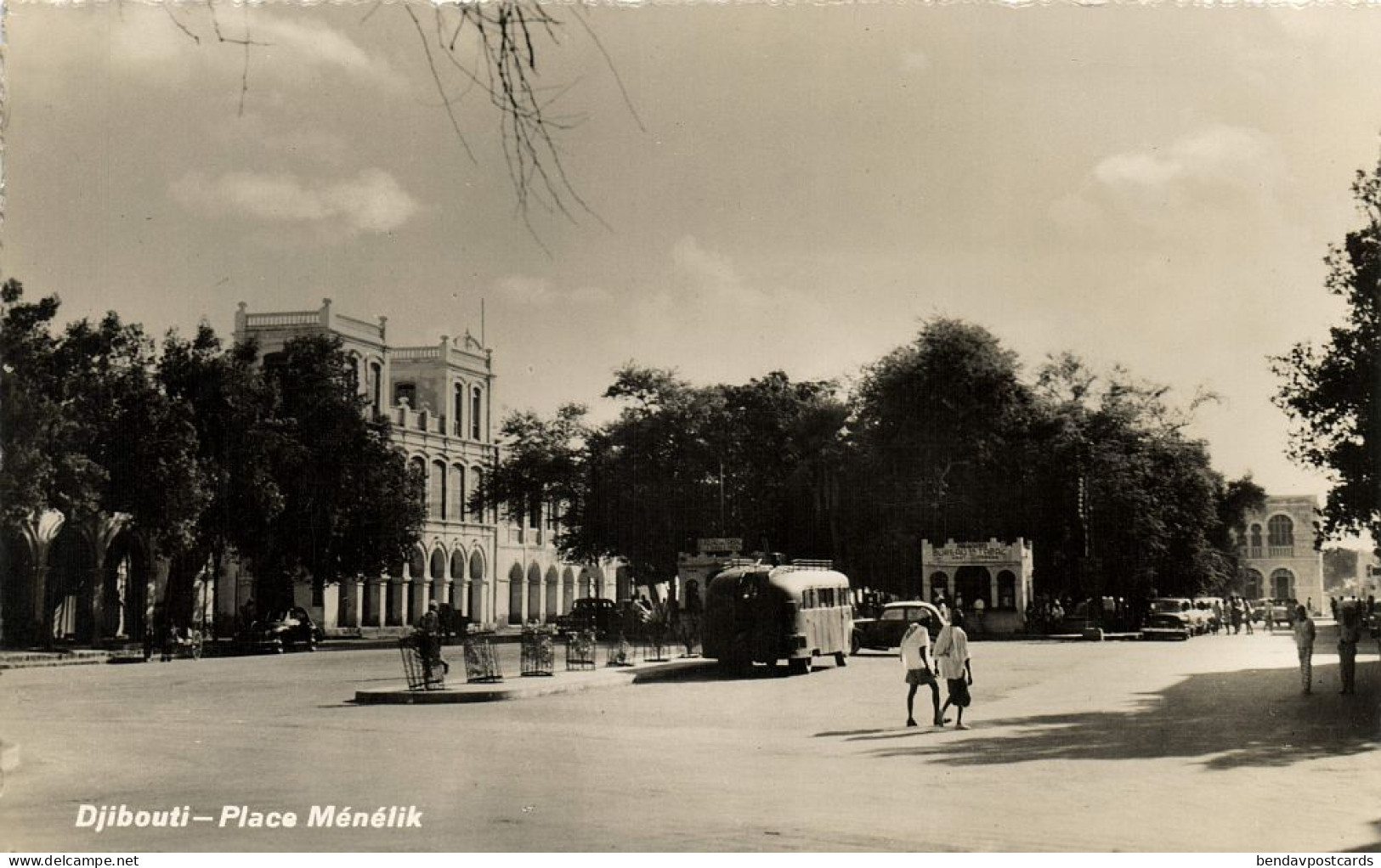 Djibouti, DJIBOUTI, Place Ménélick, Bus (1950s) RPPC Postcard - Gibuti