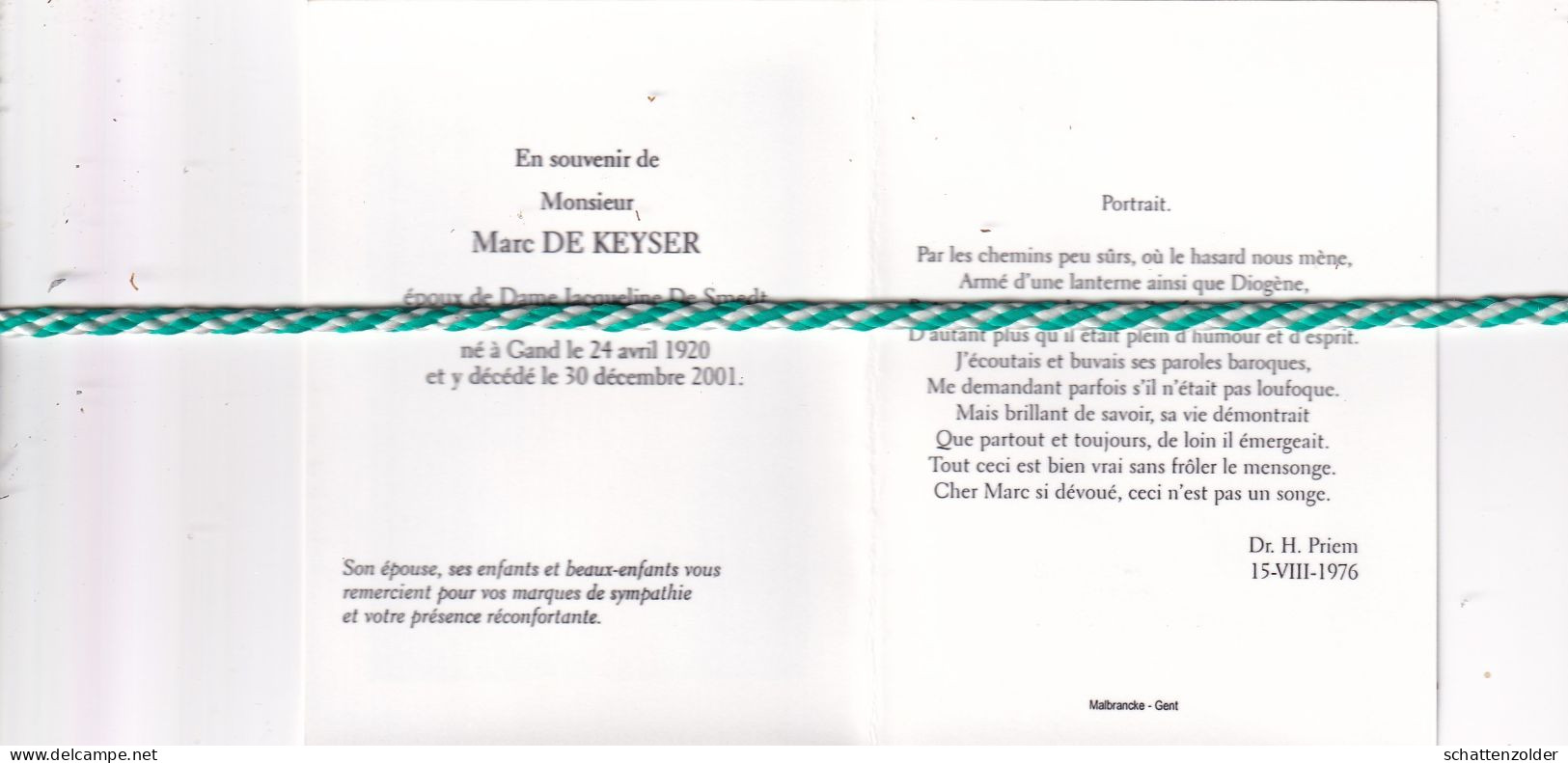 Marc De Keyser-De Smedt, Gand 1920, 2001. Foto - Décès