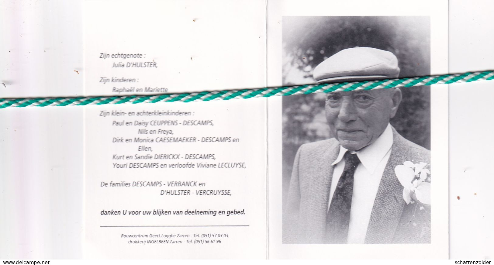 Jozef Descamps-D'Hulster, Zarren 1912, Roeselare 1994. Oud-strijder 40-45; Foto - Obituary Notices