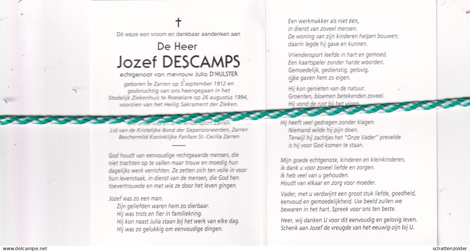 Jozef Descamps-D'Hulster, Zarren 1912, Roeselare 1994. Oud-strijder 40-45; Foto - Décès
