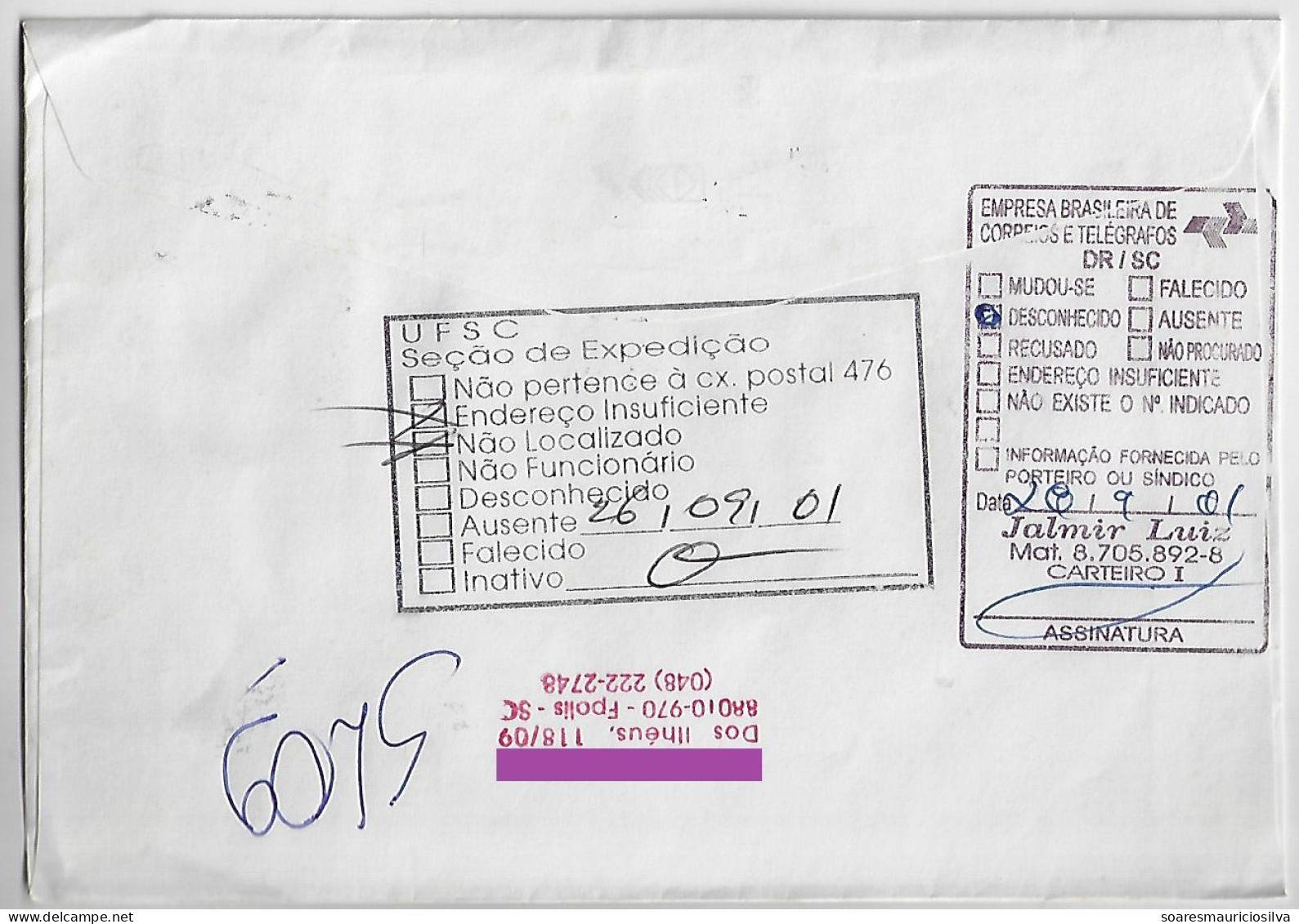 Brazil 2001 Returned To Sender Cover Florianópolis Ilhéus Agency Stamp Extreme Sport Skate Cancel DH = After The Hour - Brieven En Documenten