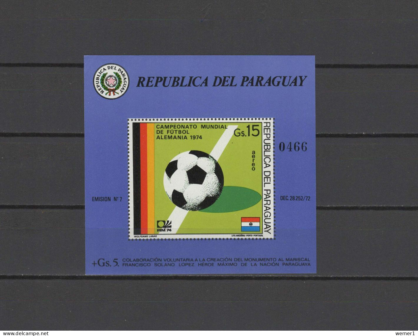Paraguay 1974 Football Soccer World Cup S/s MNH - 1974 – West Germany