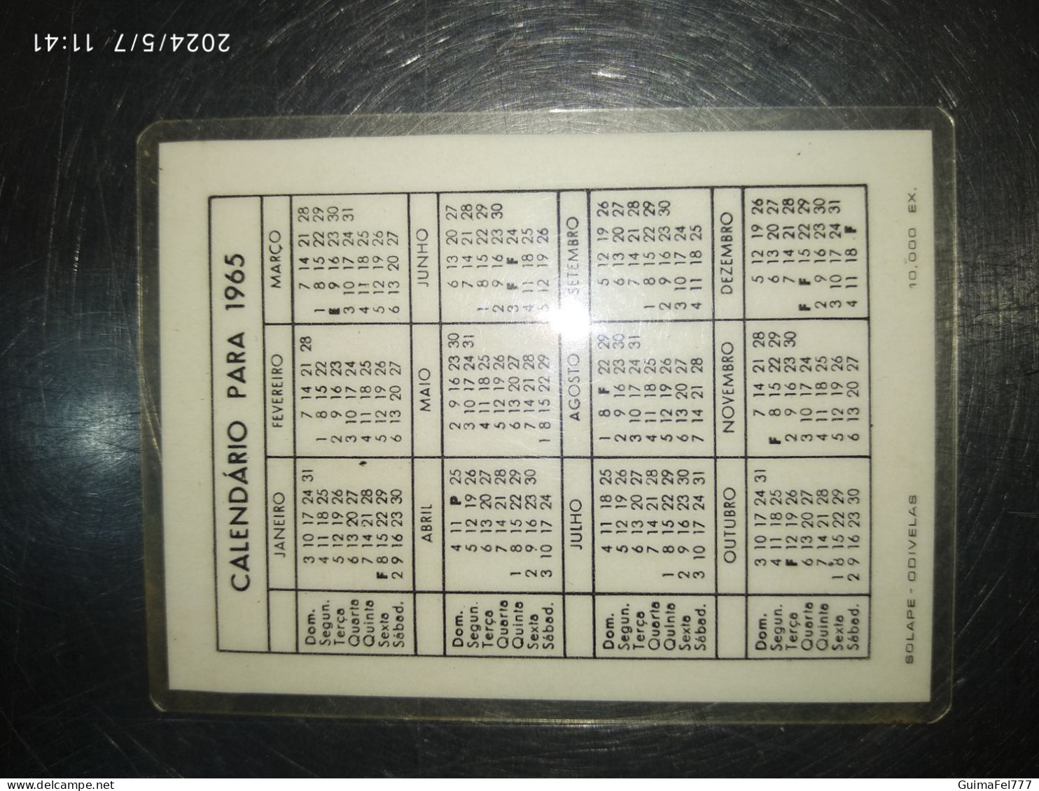 Calendário, Tabaco SG Ano Year 1965 - Petit Format : 1961-70