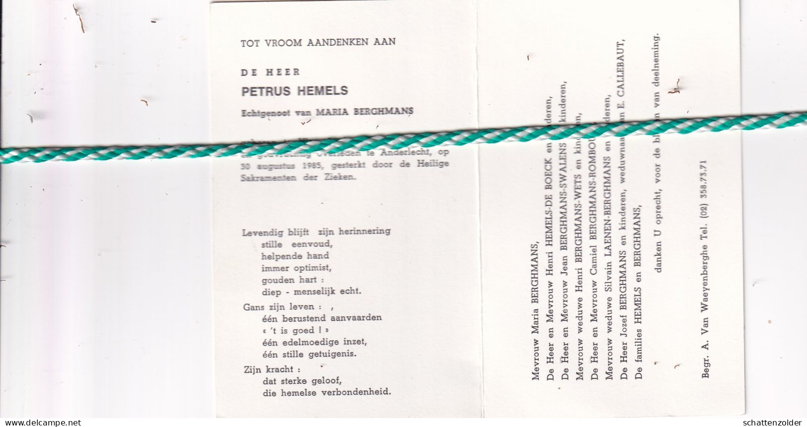Petrus Hemels-Berghmans, Vlezenbeek 1924, Anderlecht 1985 - Obituary Notices