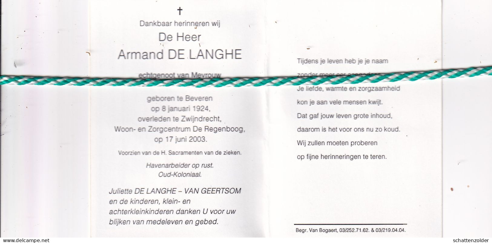 Armand De Langhe-Van Geertsom, Beveren 1924, Zwijndrecht 2003. Oud-Koloniaal. Foto - Obituary Notices