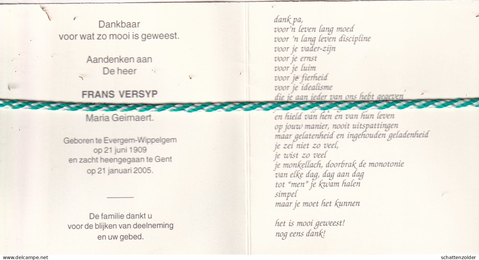 Frans Versyp-Geirnaert, Evergem-Wippelgem 1909, Gent 2005; Foto Tekening - Overlijden