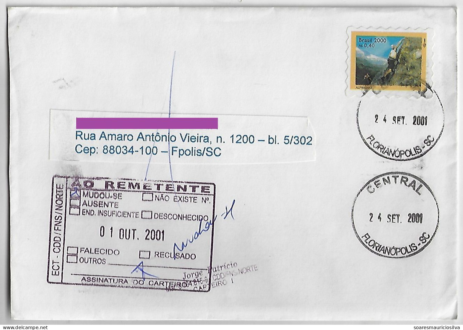 Brazil 2001 Returned To Sender Cover Florianópolis Central Agency Stamp Extreme Sport Mountaineering - Storia Postale