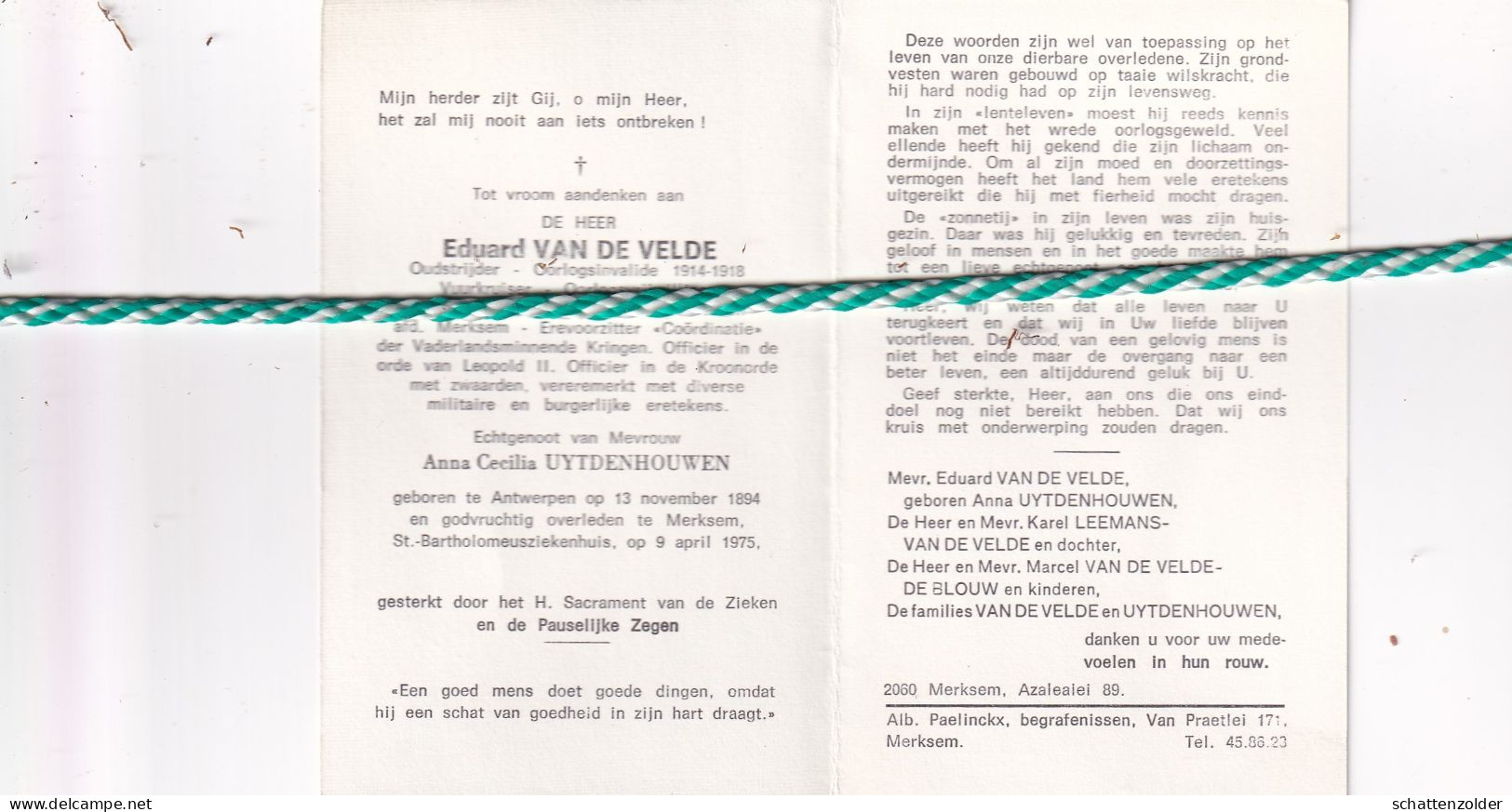 Eduard Van De Velde-Uytdenhouwen, Antwerpen 1894, Merksem 1975. Oud-strijder Vuurkruiser 14-18 - Obituary Notices