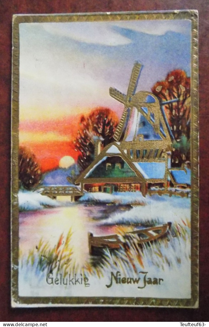 Cpa Gelukkig Nieuwjaar Paysage Moulin à Vent Dorure - Gent 1933 - New Year