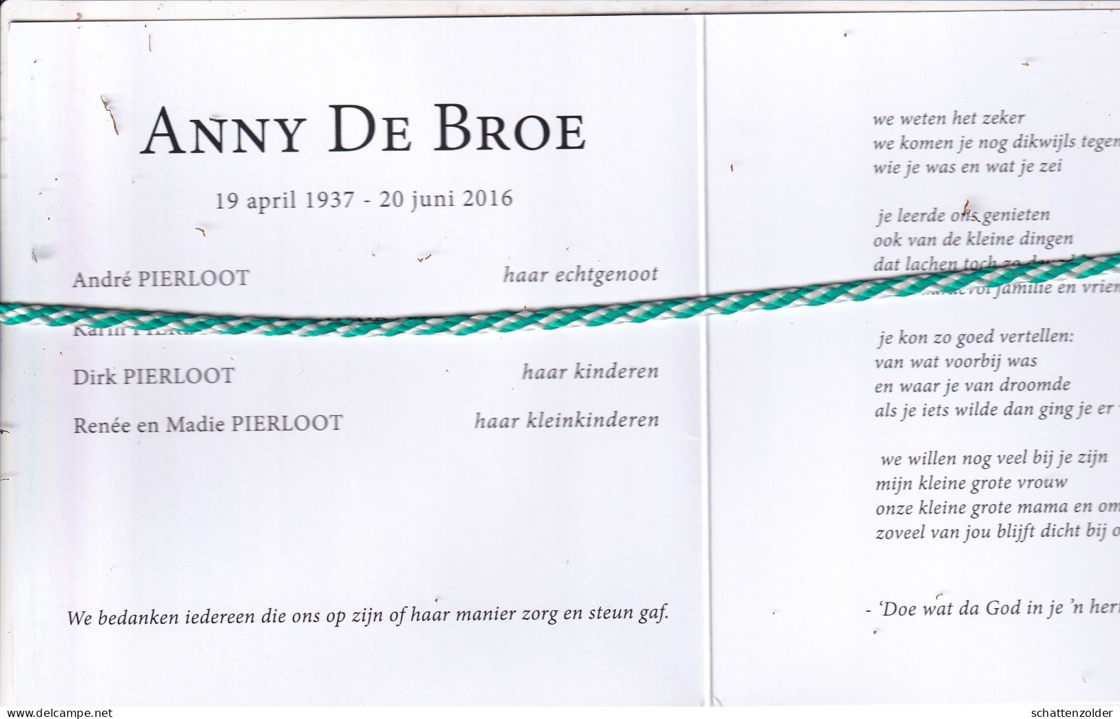 Anny De Broe-Pierloot, 1937, 2016. Foto - Overlijden
