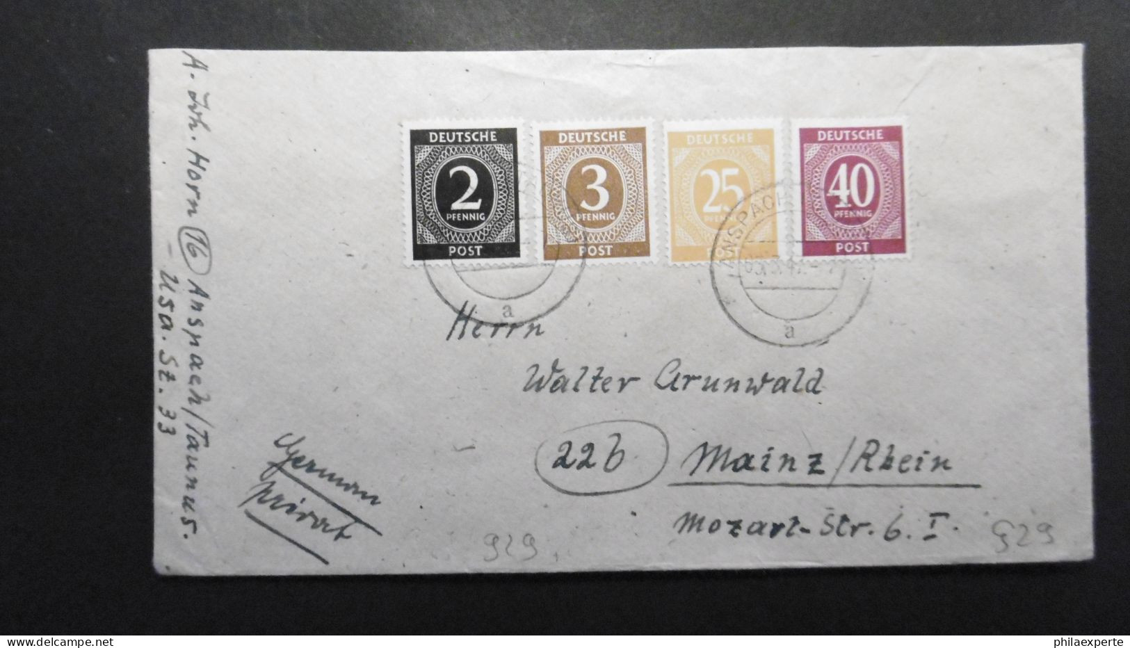 Kontrollrat Mi. 929 Und Andere Brief 3.3.1947 Von Anspach Nach Mainz - Covers & Documents