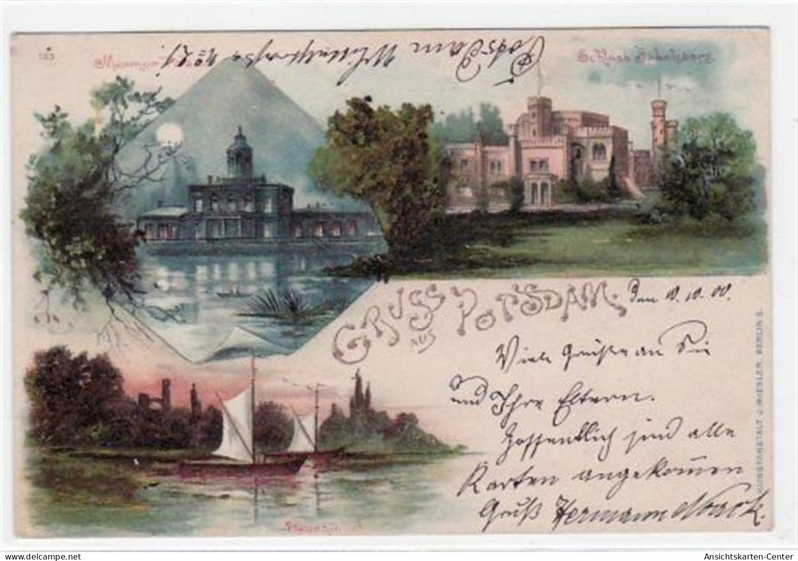 39003108 - Lithographie Postsdam Mit Schloss Babelsberg, Marmor Palast Und Partie Am See Mit Segelbooten. Postalisch Ge - Potsdam