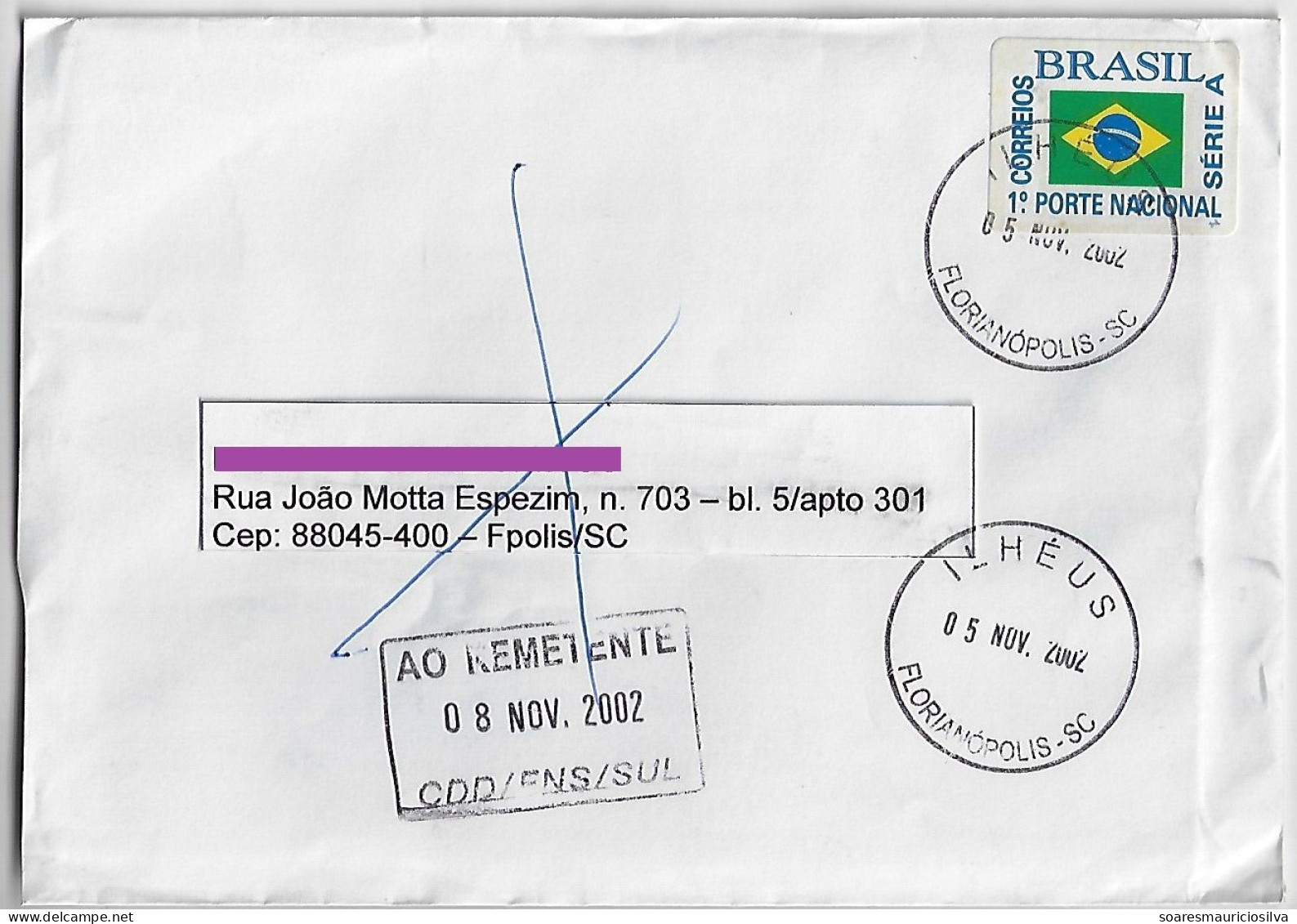 Brazil 2002 Returned To Sender Cover Florianópolis Ilhéus Agency Stamp National Flag - Lettres & Documents