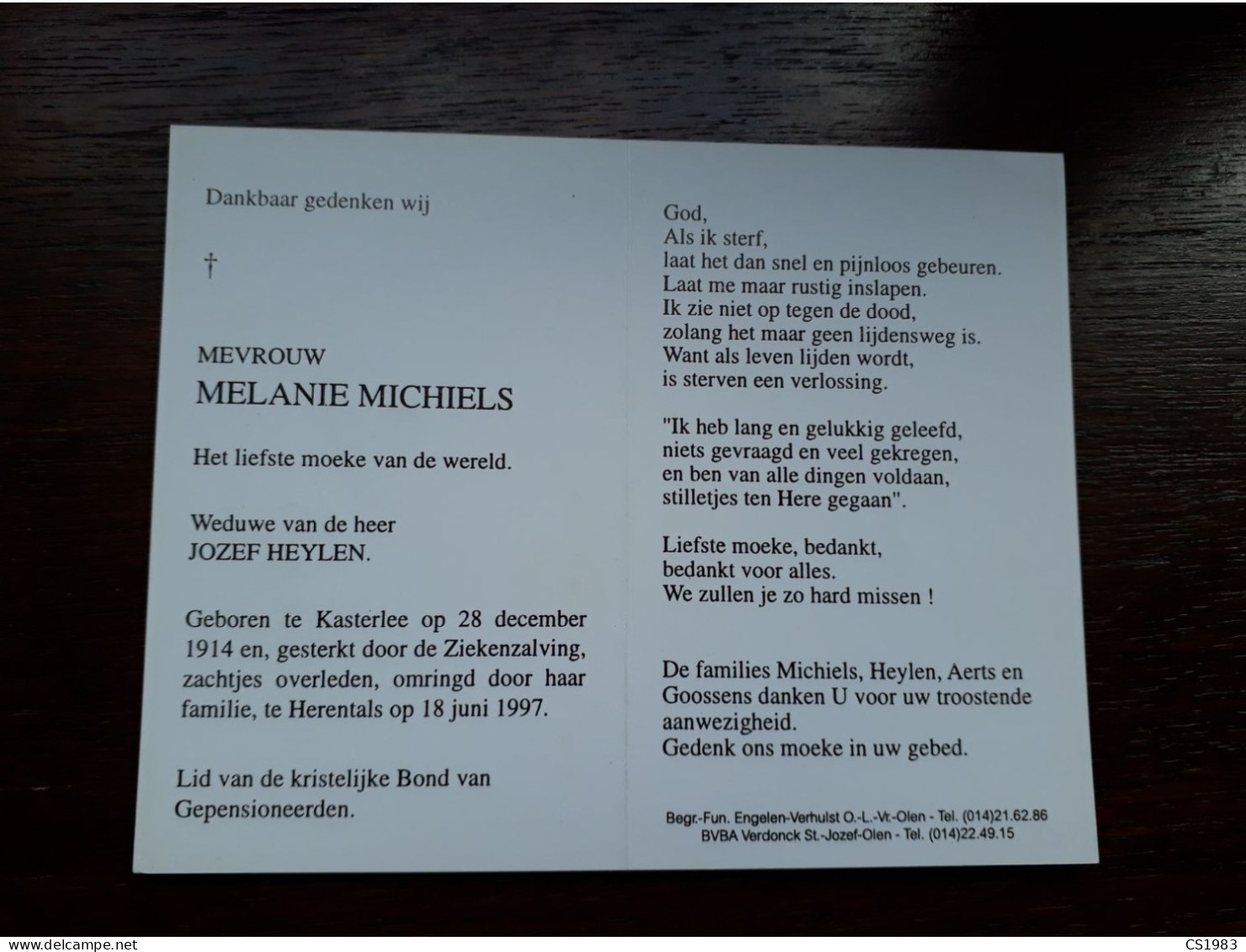Melanie Michiels ° Kasterlee 1914 + Herentals 1997 X Jozef Heylen (Fam: Aerts - Goossens) - Overlijden