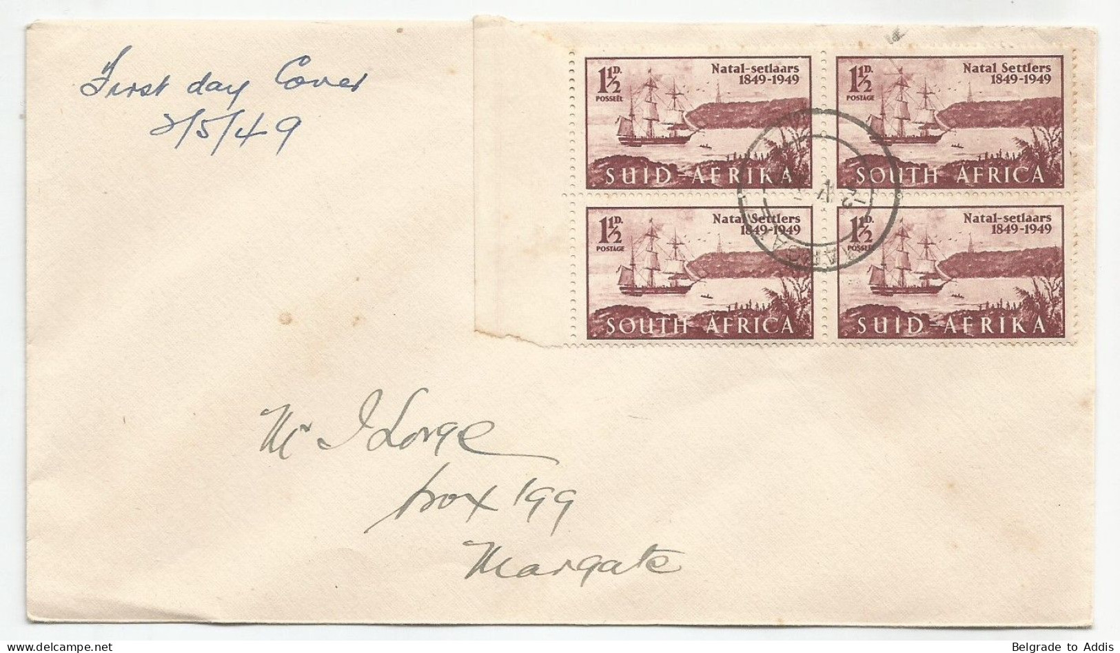 South Africa SG #127 In Block Of 4 Incl. Plate Flaw SG #127a "Extended Rigging" On Cover FDC 1949 - FDC