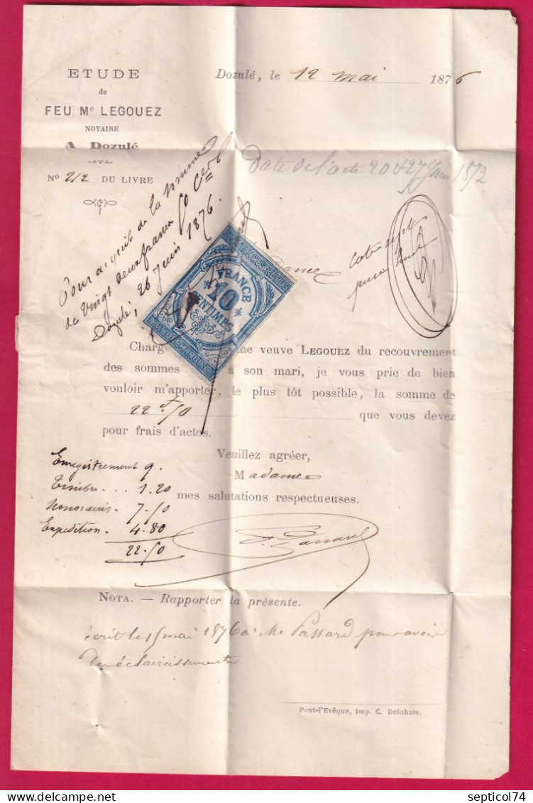 N°60 CAD TYPE 17 DOZULE CALVADOS + BUREAU PASSE 2056 LISIEUX POUR BLONVILLE TIMBRE FISCAL DANS TEXTE LETTRE - 1849-1876: Periodo Classico