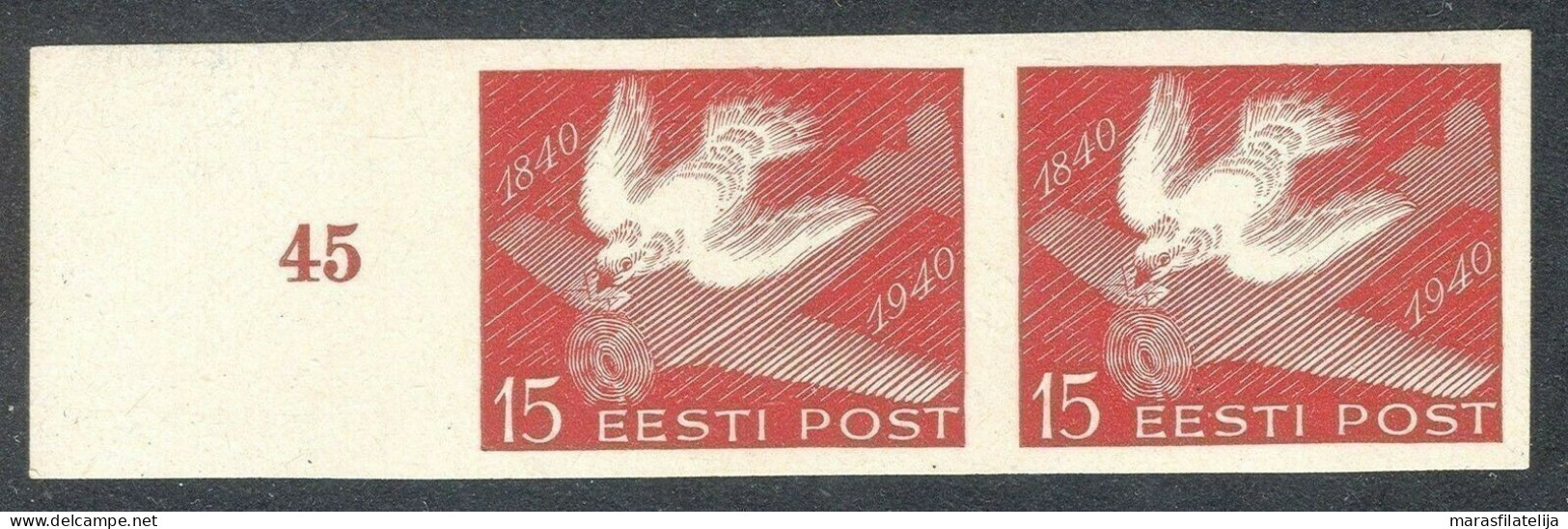 Estonia, 1940, Soviet (Russian) Occupation, Pigeon, 15 S, Imperforated Pair - Estland