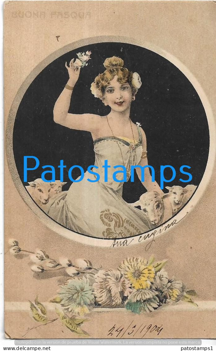 228606 ART ARTE WOMAN WITH A SHEEO AND FLOWER CIRCULATED TO PARAGUAY POSTAL POSTCARD - Ohne Zuordnung