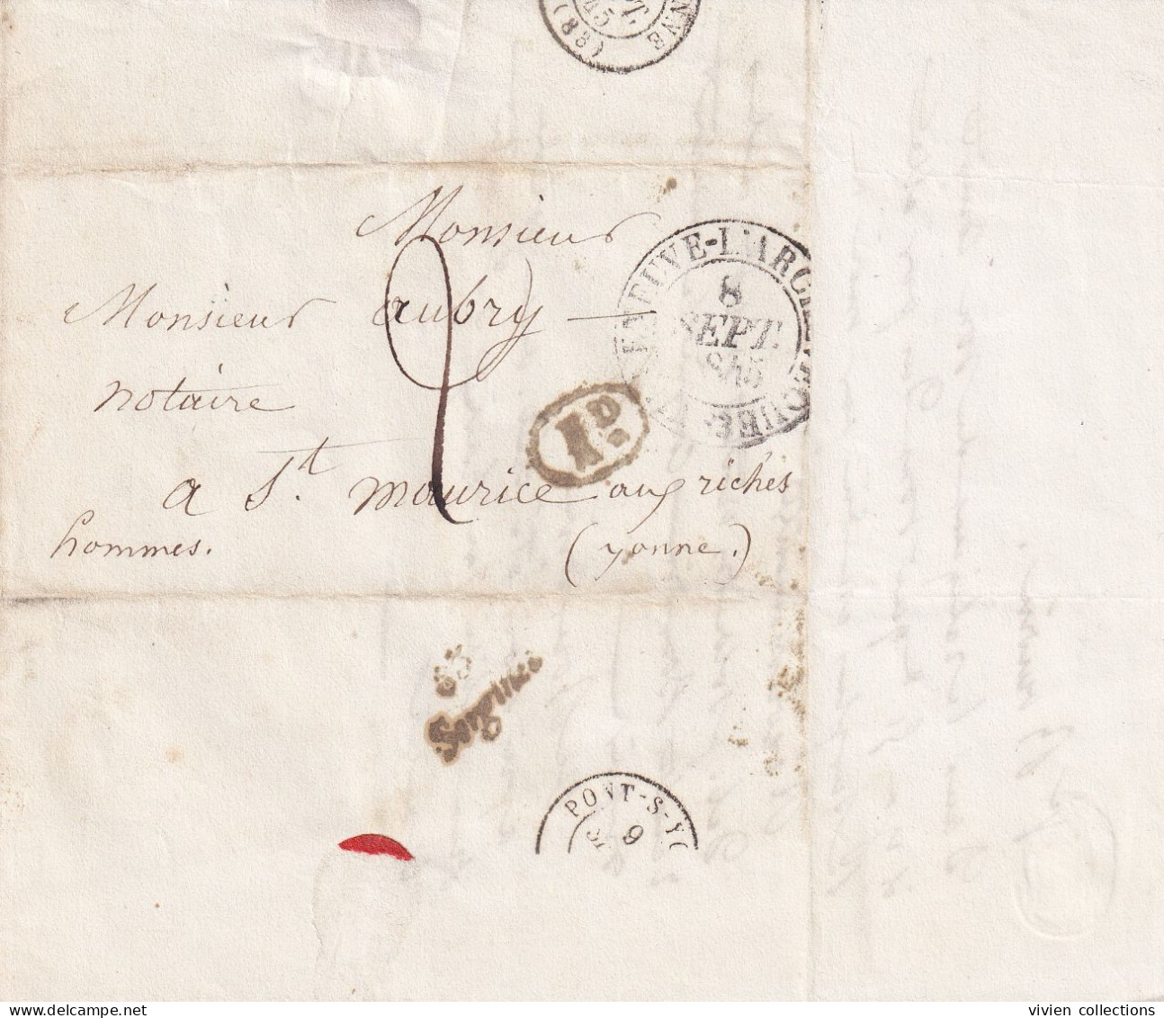 Villeneuve L'Archevêque (89 Yonne) Lettre Avec Cursive Sergines Au Dos Taxe 2 + 1 Décime En 1845 - 1801-1848: Precursors XIX