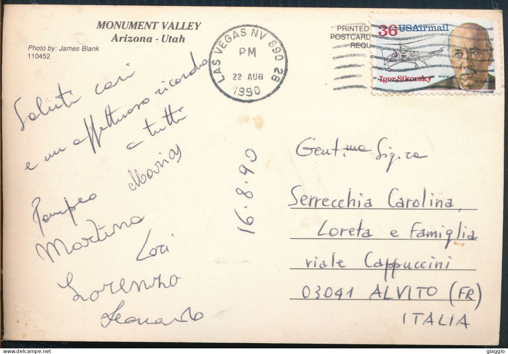 °°° 30875 - USA - AZ - MONUMENT VALLEY - 1990 With Stamps °°° - Altri & Non Classificati