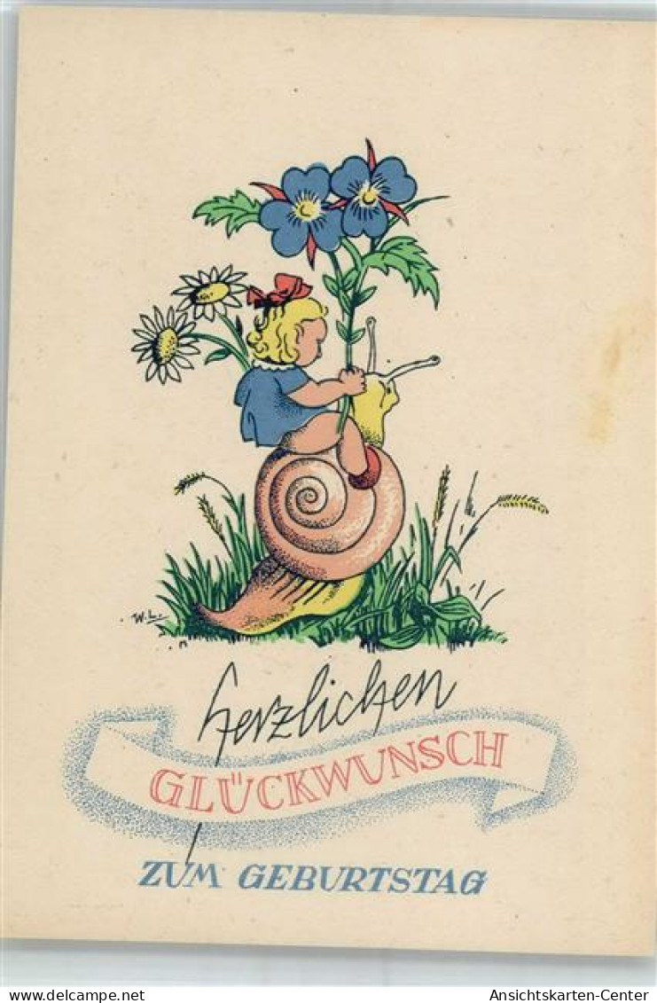 51023808 - Maedchen Schnecke Blumen Sign.W.L. - Birthday