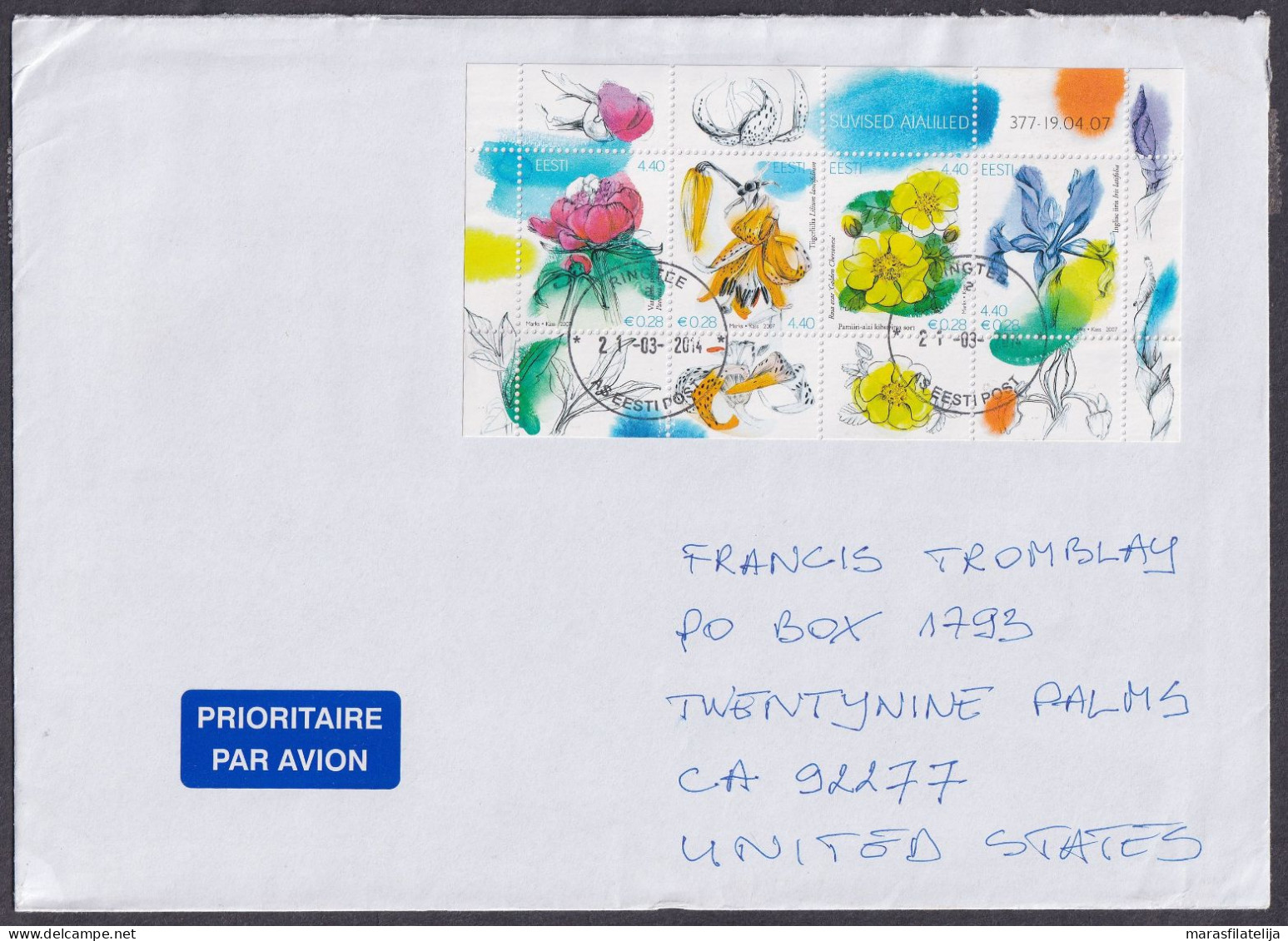 Estonia 2014, Flowers, Souvenir Sheet On Letter To USA - Estland