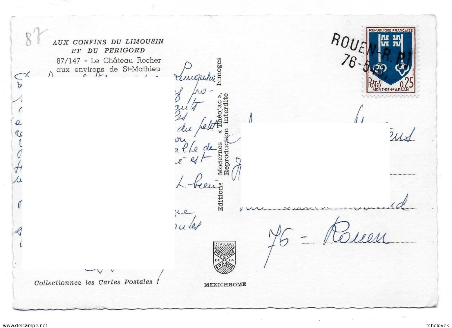 (87). Saint Mathieu. (1) Le Chateau Rocher. Années 1960. Cachet 76-540 Rouen - Saint Mathieu