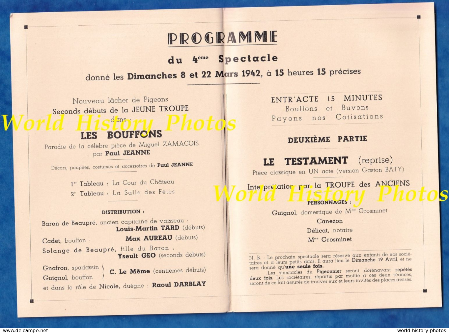 Programme- PARIS Montmartre - Le Pigeonnier De GUIGNOL Théatre à L' Auberge Du Coucou - Lacher De Pigeon 1942 Occupation - Programmi