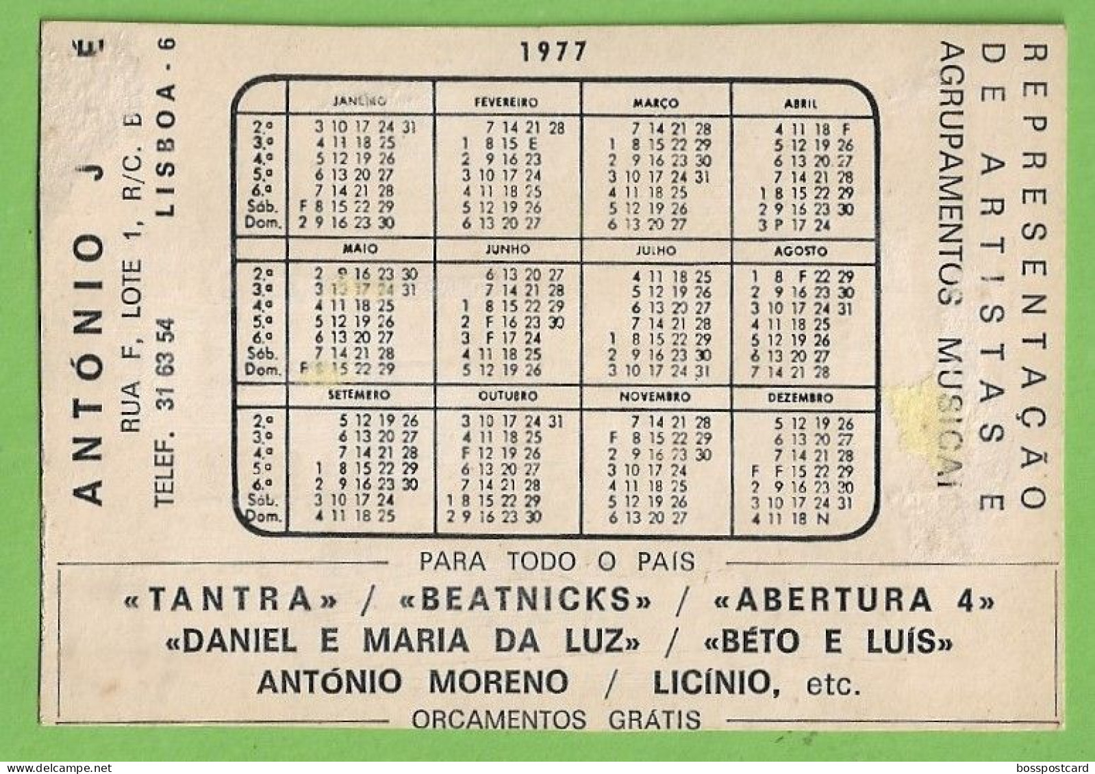 Lisboa - Calendário Para 1977 - Teatro - Cinema - Música - Portugal - Tamaño Grande : 1971-80