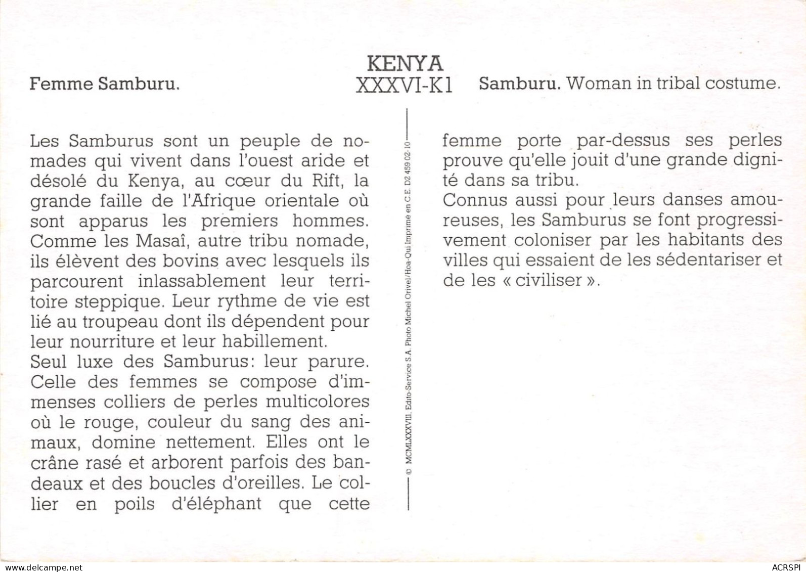 KENYA - FEMME SAMBURU EN TENUE TRADITIONNELLE (scan Recto-verso) Ref 1002 - Kenia