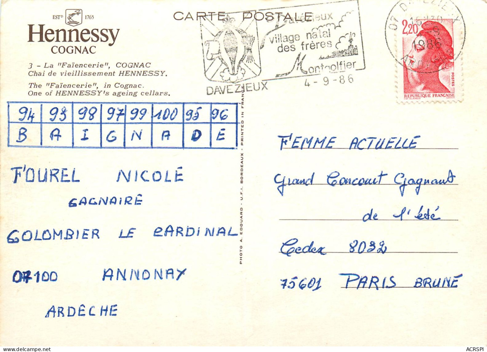 COGNAC JAs HENNESSY & C° Un Chai De Réserve  (scan Recto-verso) Ref 1077 - Cognac