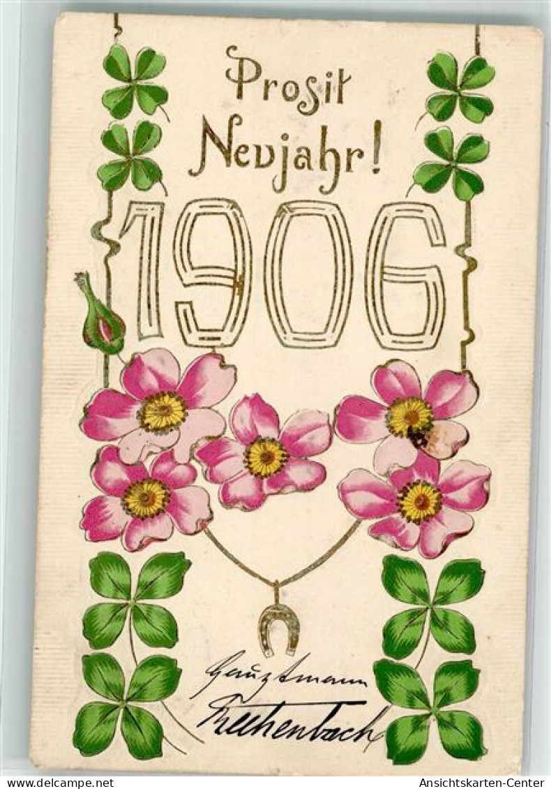 39601908 - Prosit Neujahr 1906 Blumen Gluecksklee Hufeisen Jugendstil - New Year