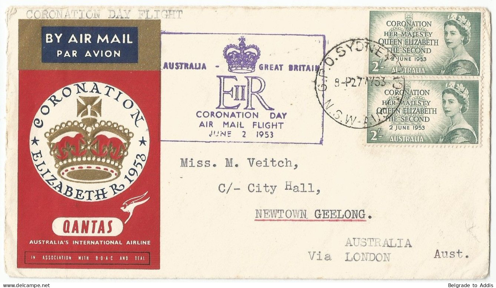 Australia Great Britain Scott #261 (2) On Cover Coronation Day Air Mail Flight 1953 Qantas - Storia Postale